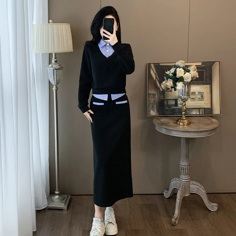 今年流行时尚套装裙女春秋气质高级感休闲衬衣领卫衣半身裙两件套