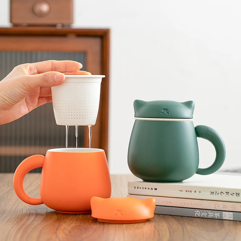 创意陶瓷茶水分离办公杯大容量泡茶杯带盖过滤马克杯可爱情侣水杯