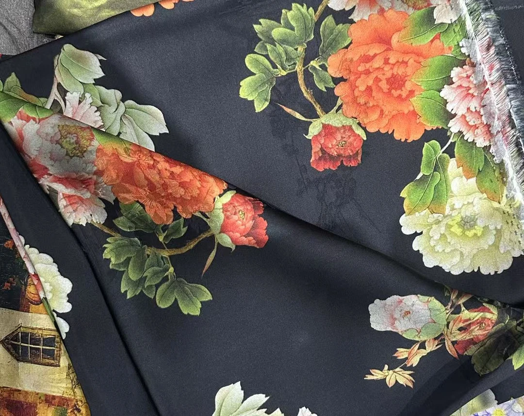 【黑底牡丹】100真丝  香云纱布料