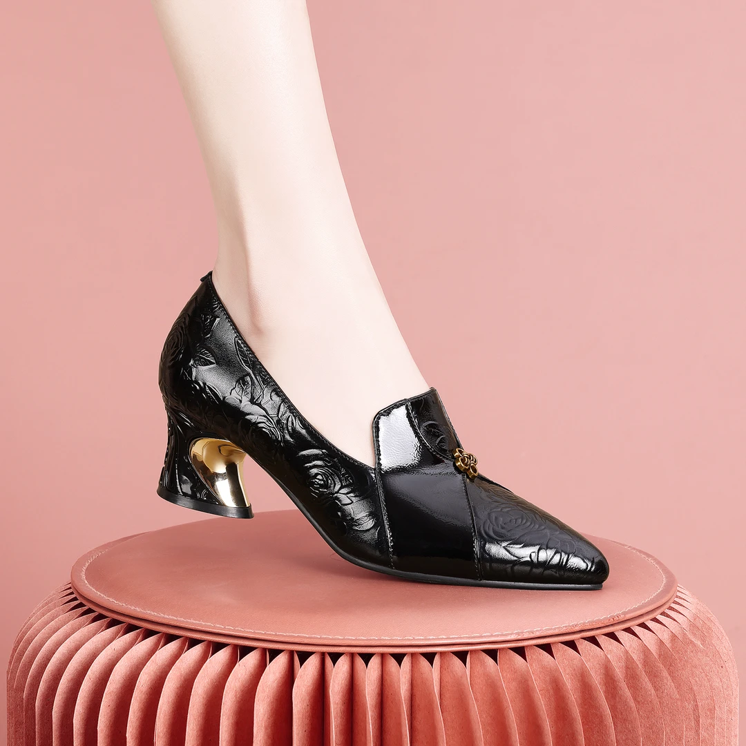 梵芮诗2024年秋季新款气质高级植物花卉尖头纯色粗跟单鞋-H1057