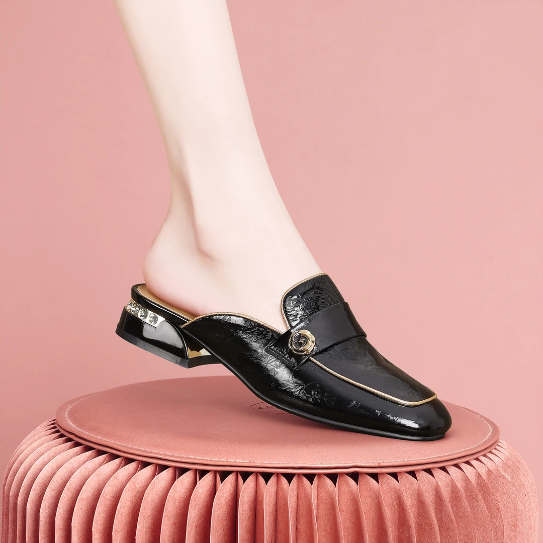 梵芮诗2024夏季新款方头街头简约时尚手工粗跟低跟凉拖鞋-H1017