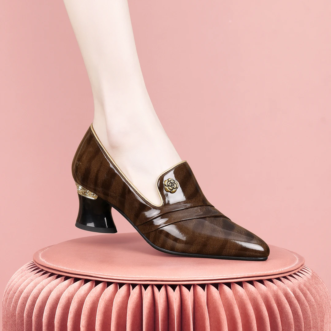 梵芮诗2024年春季新款尖头花朵装饰中口气质百搭粗跟女单鞋-1411