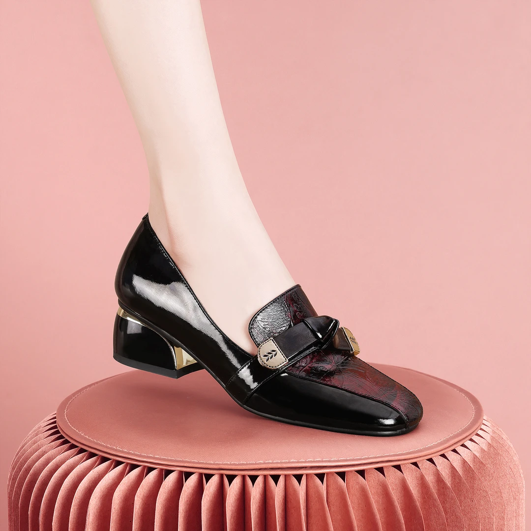 梵芮诗新款2024年春夏季拼色潮款时尚穿搭粗跟低跟女单鞋-H1028