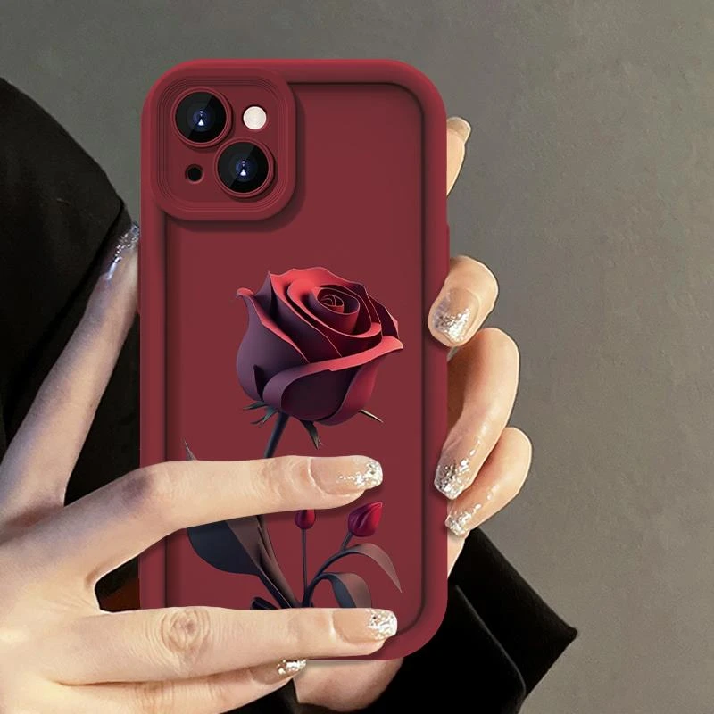 苹果15promax手机保护壳女新款iphone15暗红玫瑰14花朵13小众高级