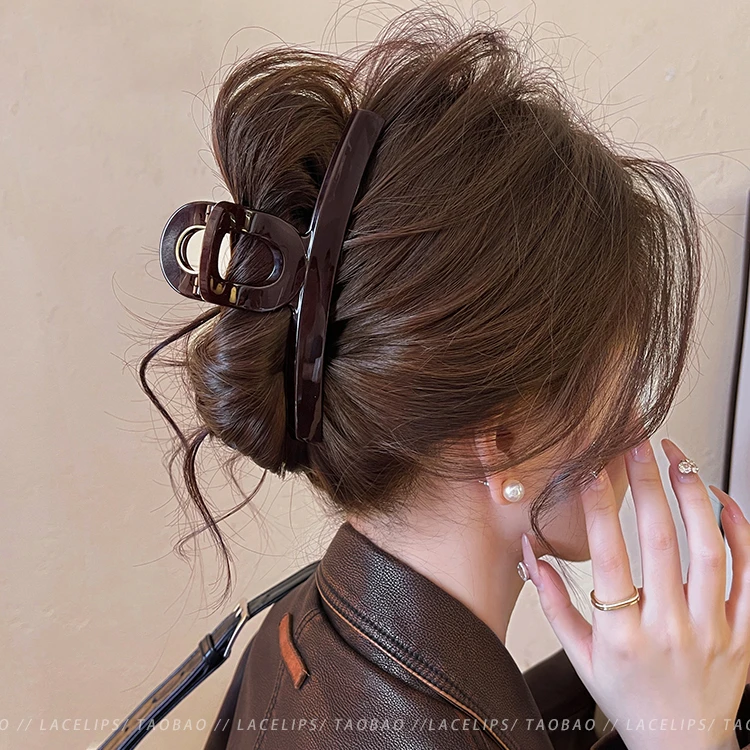 高级感巧克力棕一字抓夹大号鲨鱼夹发夹女后脑勺2024新款夹子发饰