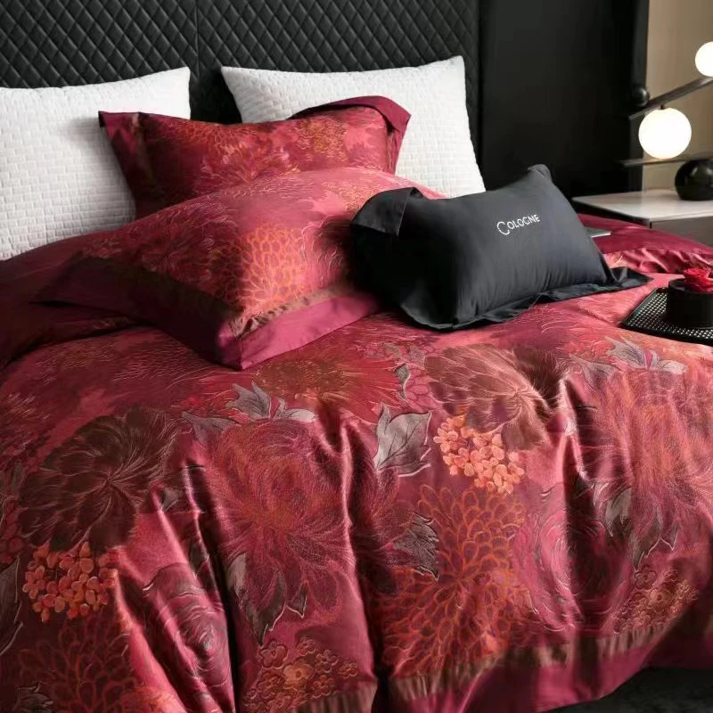 023新款法式复古100S长绒棉A版数码印花四件套-柏悦花园 伯爵红