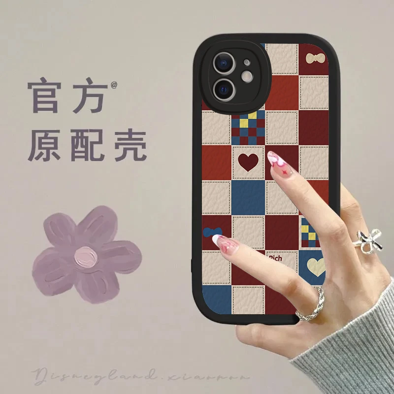 适用爱心格子【iPhone12】手机壳小羊皮女生唯美网红新款创意防摔in