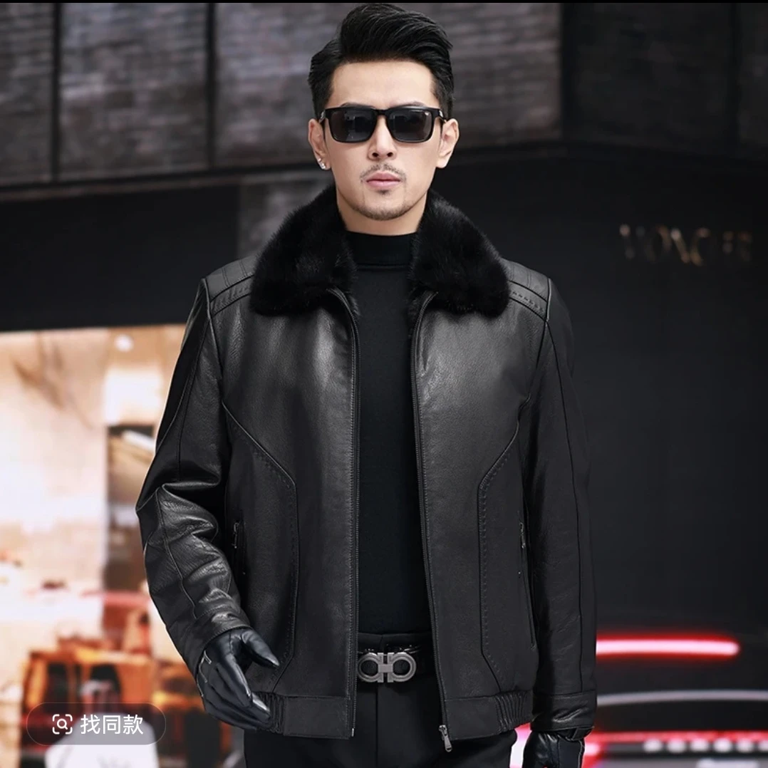 0007-海宁高端时尚男士常规款保暖山羊皮拼貂外套