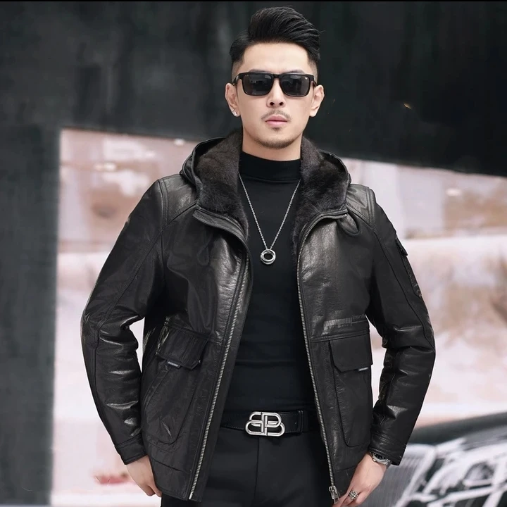 3156-男士冬款山羊皮水貂内胆连帽真皮加厚外套