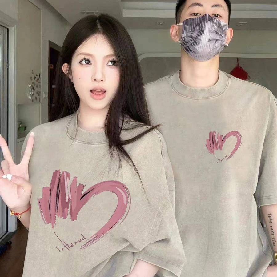 两件！半桃心美式情侣装情侣t恤一男一女情侣装夏天款情侣t恤圆领