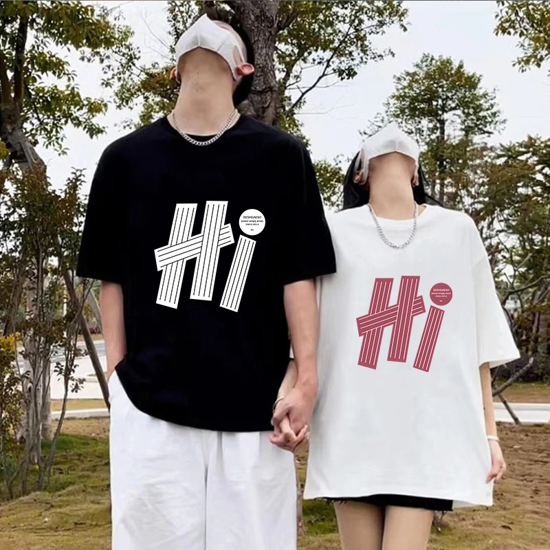 两件！字母Hi情侣装 纯棉重磅T圆领男女款情侣装夏天款一男一女T恤