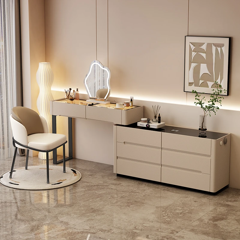 新款实木智能梳妆台卧室现代简约奶油风转角化妆桌斗柜一体