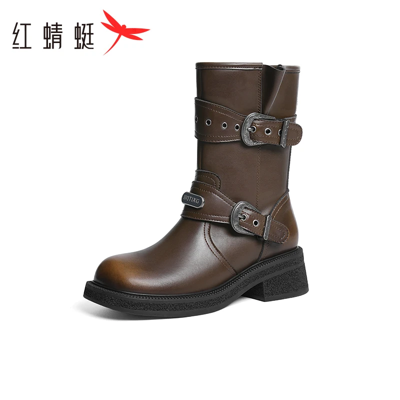 红蜻蜓西部靴秋冬款机车粗跟马丁靴中筒骑士靴潮酷女单靴子