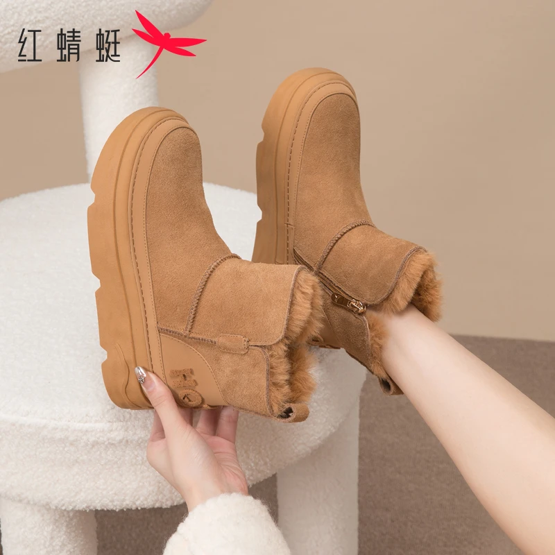 红蜻蜓棕色雪地靴女冬季新款时尚加绒防寒保暖舒适通勤女
