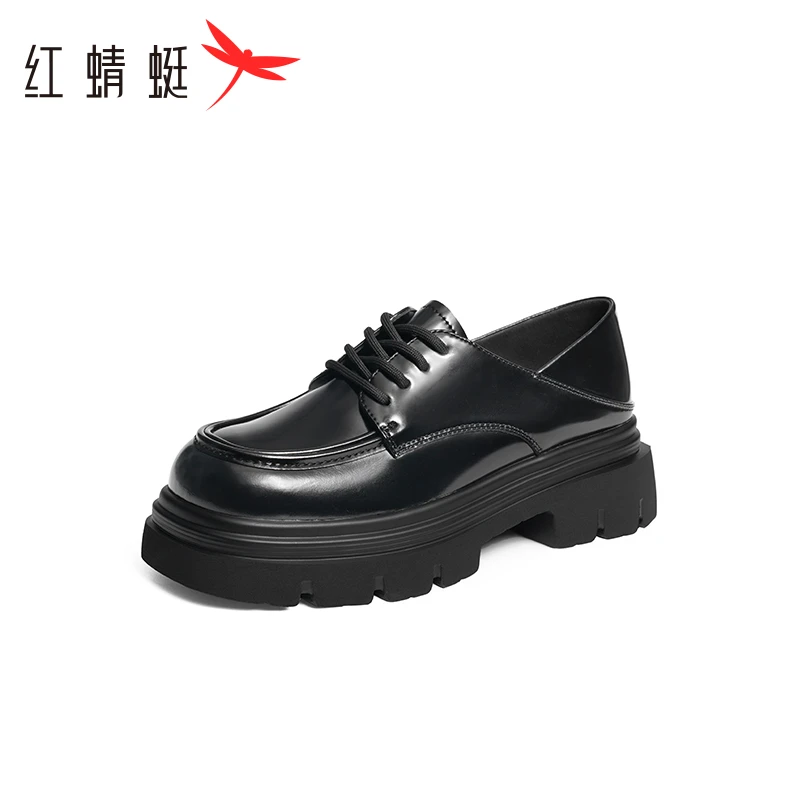 红蜻蜓厚底小皮鞋女秋款女鞋休闲系带乐福鞋英伦学院单鞋