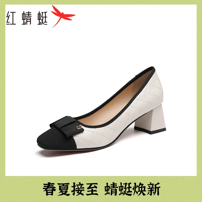 红蜻蜓小香风单鞋春季百搭新款女鞋粗跟软底皮鞋气质通勤高跟鞋女