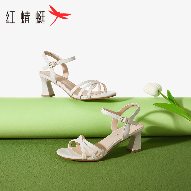 红蜻蜓气质高跟凉鞋女2024新款夏季一字带女鞋粗跟法式仙女风鞋子