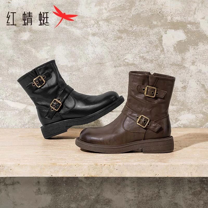 红蜻蜓西部短靴2024秋季新款雅丹风靴子复古皮筒靴子美拉德马丁靴