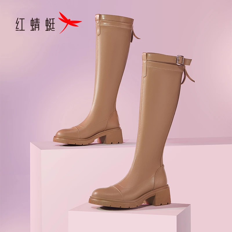 红蜻蜓爱丽丝骑士靴秋冬新款女粗跟厚底长筒靴百搭显瘦高筒靴单靴