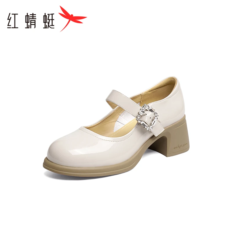 红蜻蜓厚底玛丽珍鞋女鞋新款粗跟浅口皮鞋法式复古一字带单鞋白色