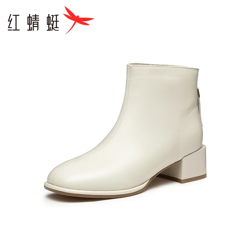 红蜻蜓短靴女时装靴早秋新款真皮女靴单靴粗跟气质羊皮靴子