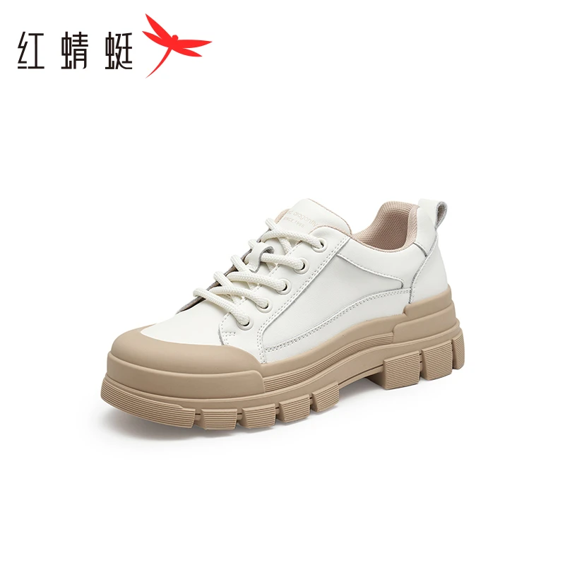 红蜻蜓时尚厚底板鞋女2023秋季新款撞色系带小白鞋户外运动休闲鞋