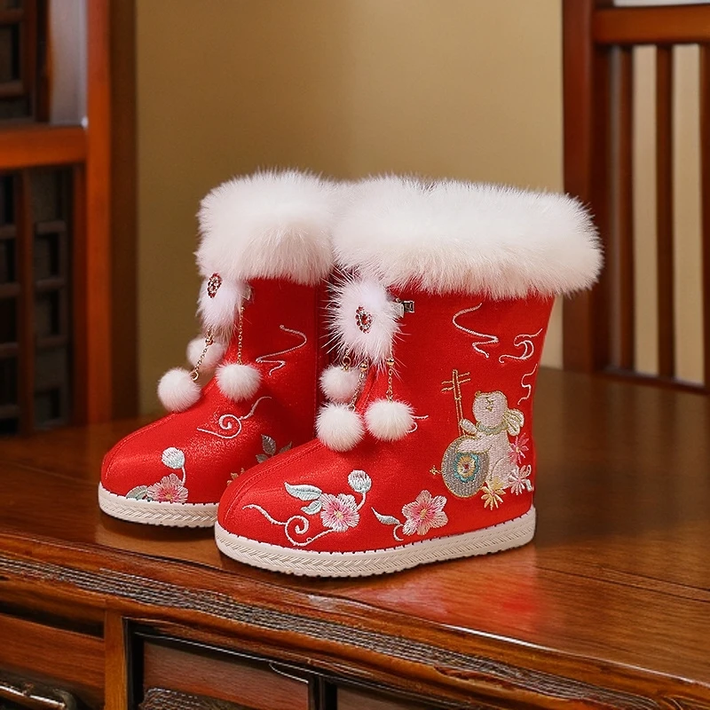 冬季女童汉服靴子冬加绒棉鞋老北京儿童拜年古装绣花鞋女宝宝棉靴