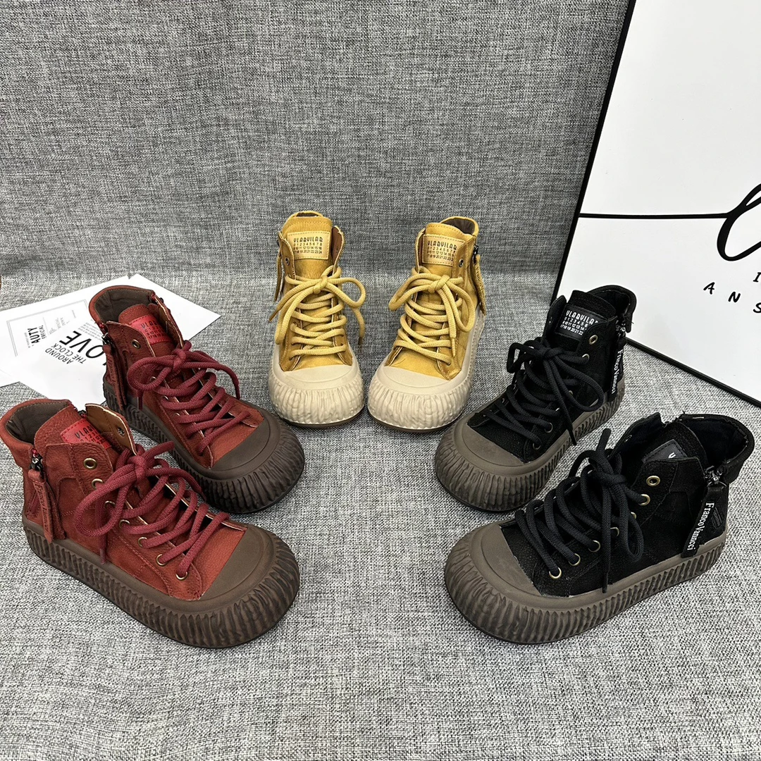 39601 真皮短靴女2023秋季新款厚底系带女英伦风复古休闲高帮女鞋