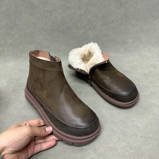 A808-1真皮冬2024季新款短靴女平底侧拉链休闲百搭舒适女短靴