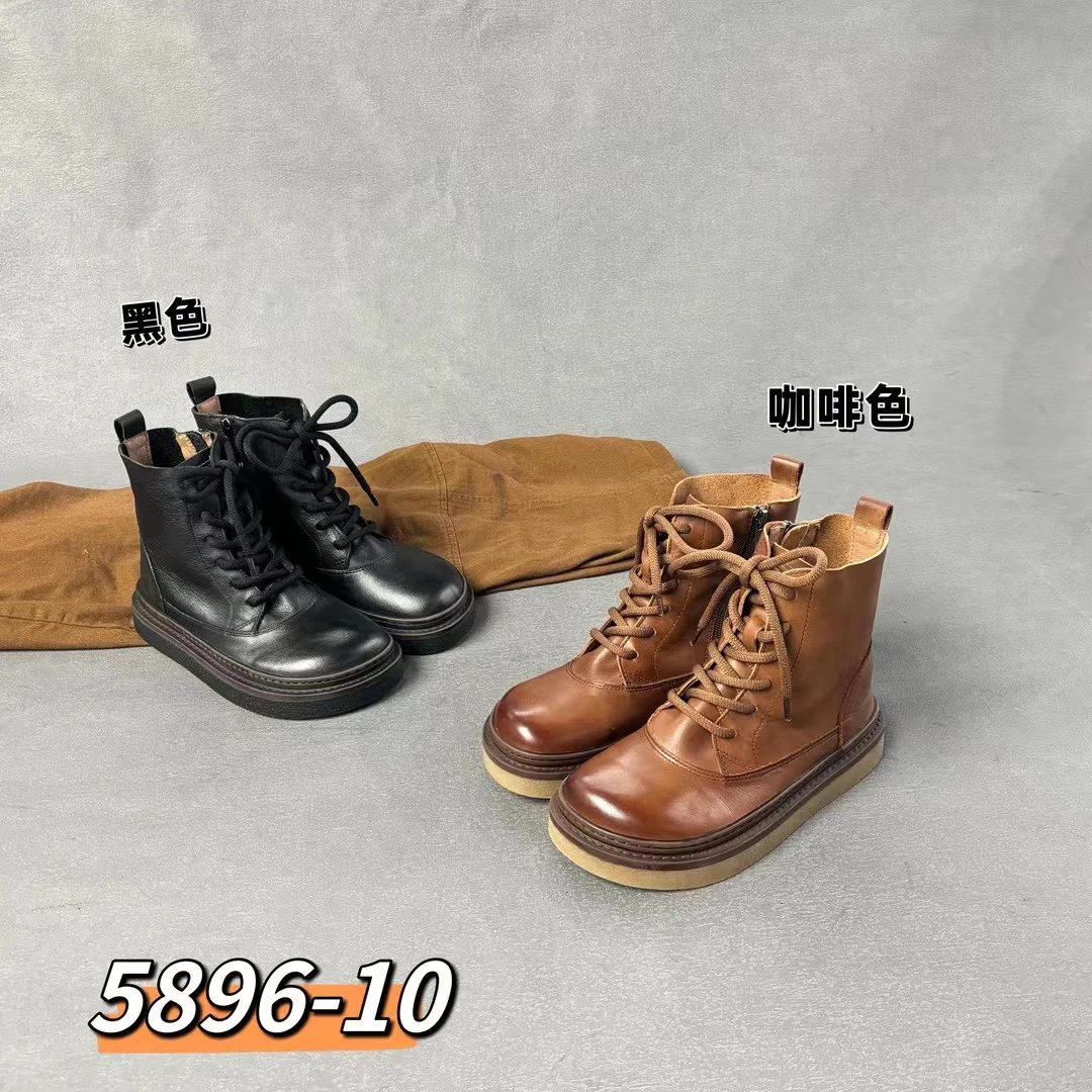 5896-10 新款2024年秋冬真皮圆头厚底系带牛皮侧拉链软底女短靴