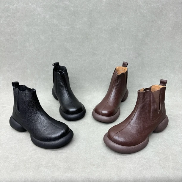 2168-1 复古短靴女春秋单靴一脚蹬擦色圆头厚底粗跟女靴靴子