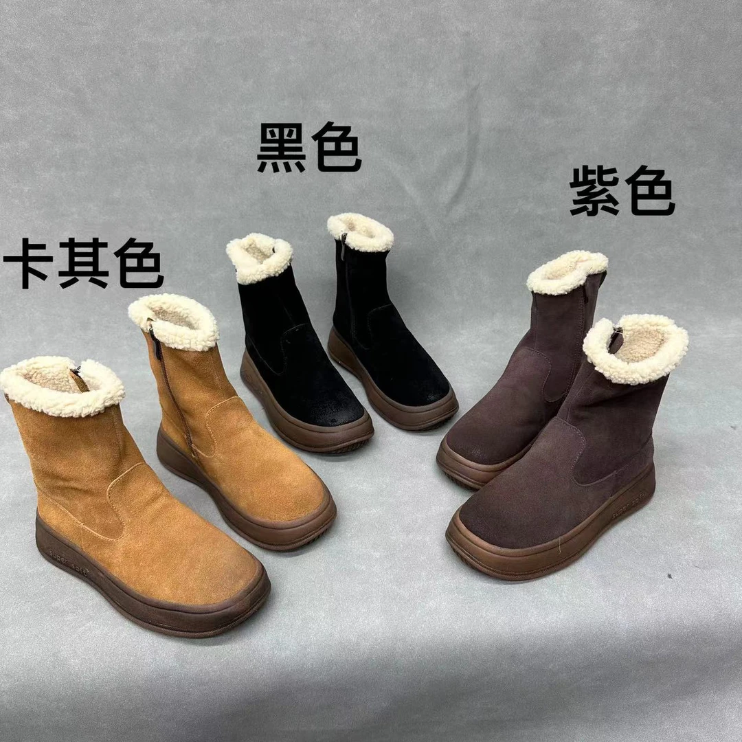 2866-10 新款真皮厚底厚毛保暖软皮短靴加绒棉靴