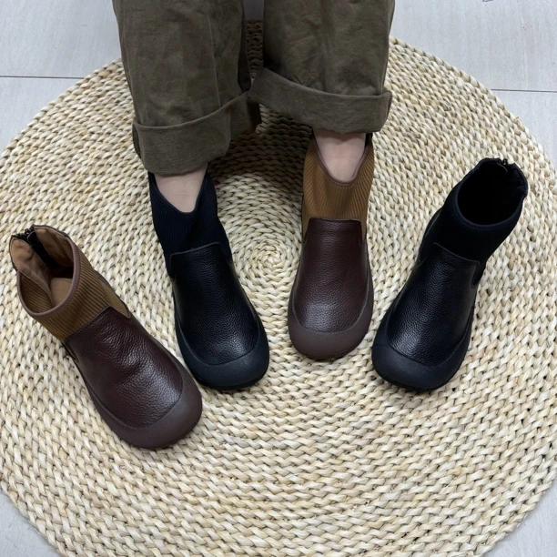 2266-1 新款2024复古手工真皮短靴一脚蹬高帮鞋单鞋软底软面皮靴