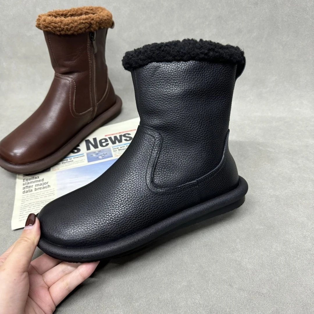 638-69新款手工复古圆头棉鞋女款冬季加棉保暖厚卷毛雪地靴真皮