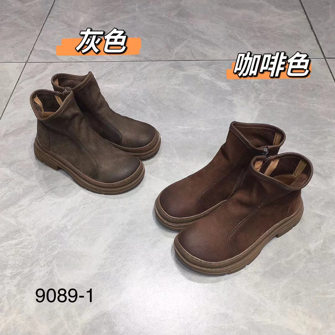9089-1 秋季新款复古文艺纯色头层牛皮手工圆头厚底马丁靴女