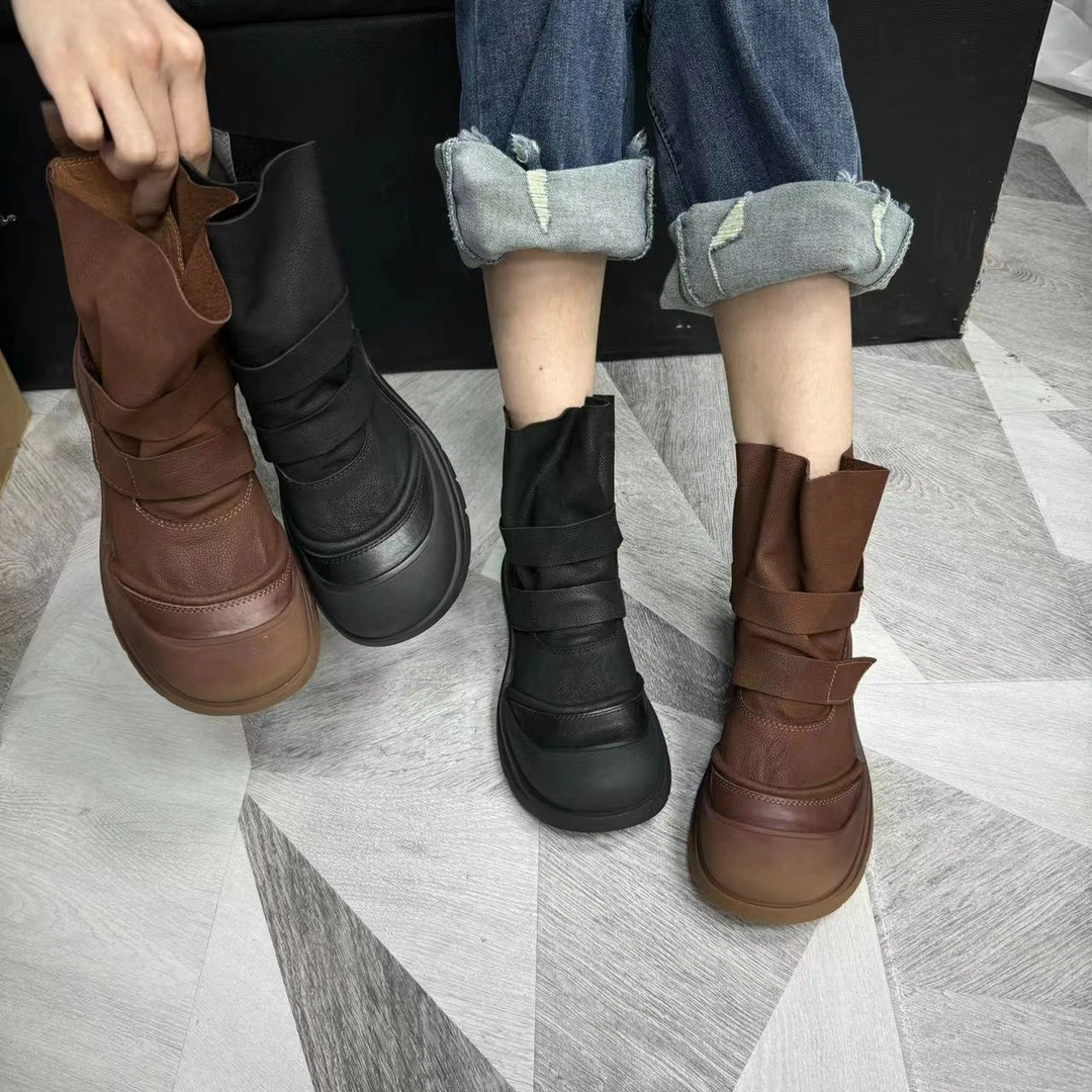 3335-10真皮短靴2024新款春秋短靴牛皮拼接短靴复古休闲真皮女靴