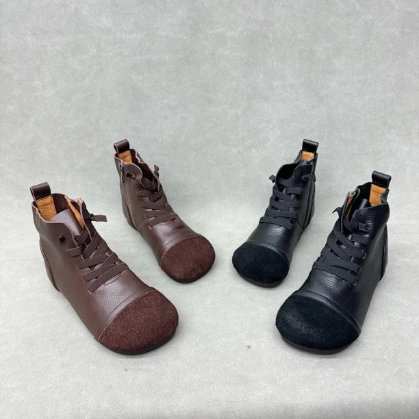 086-1 新款2024复古文艺马丁靴头层牛皮弹力绳圆头平底休闲女短靴