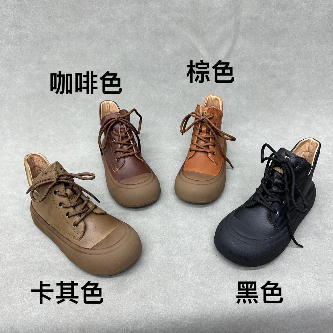 6066-8 韩版真皮高帮大头新款百搭圆头松糕厚底面包鞋休闲小白鞋