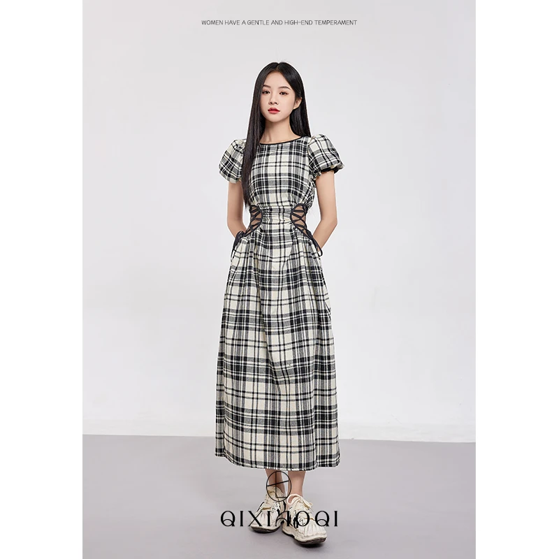 七小七Sicily【格调】法式高档赫本风格子连衣裙女夏季收腰显瘦长裙