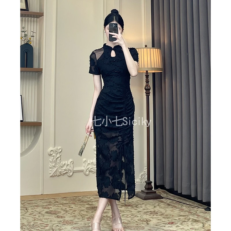 七小七Sicily【梨落城烟】黑色新中式立领连衣裙女夏显瘦开叉包臀裙
