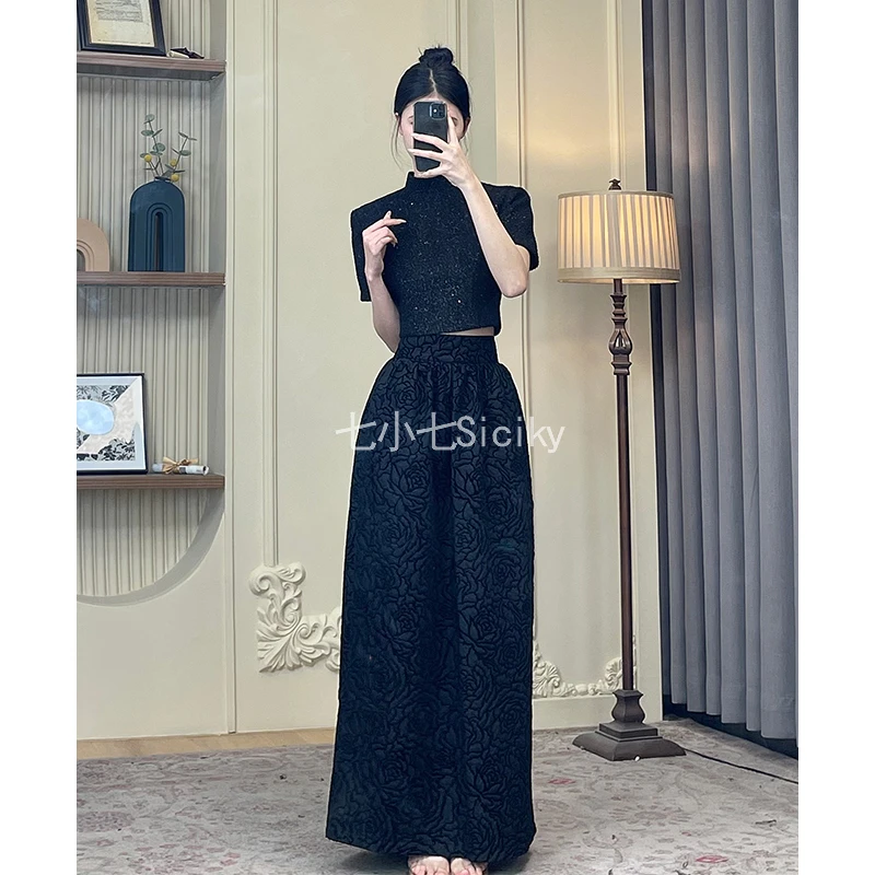 【现货】七小七【暗香疏影】复古亮丝短款上衣夏季百搭收腰半裙两件套
