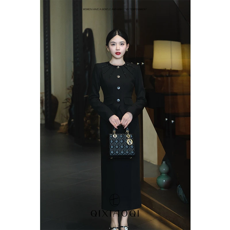 七小七Sicily【第一夫人】法式黑色高级设计感连衣裙女气质高端长裙