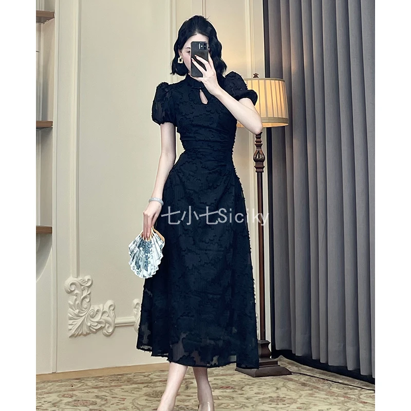现货 七小七【铃兰之夏】新中式国风黑色连衣裙女夏季收腰显瘦长裙