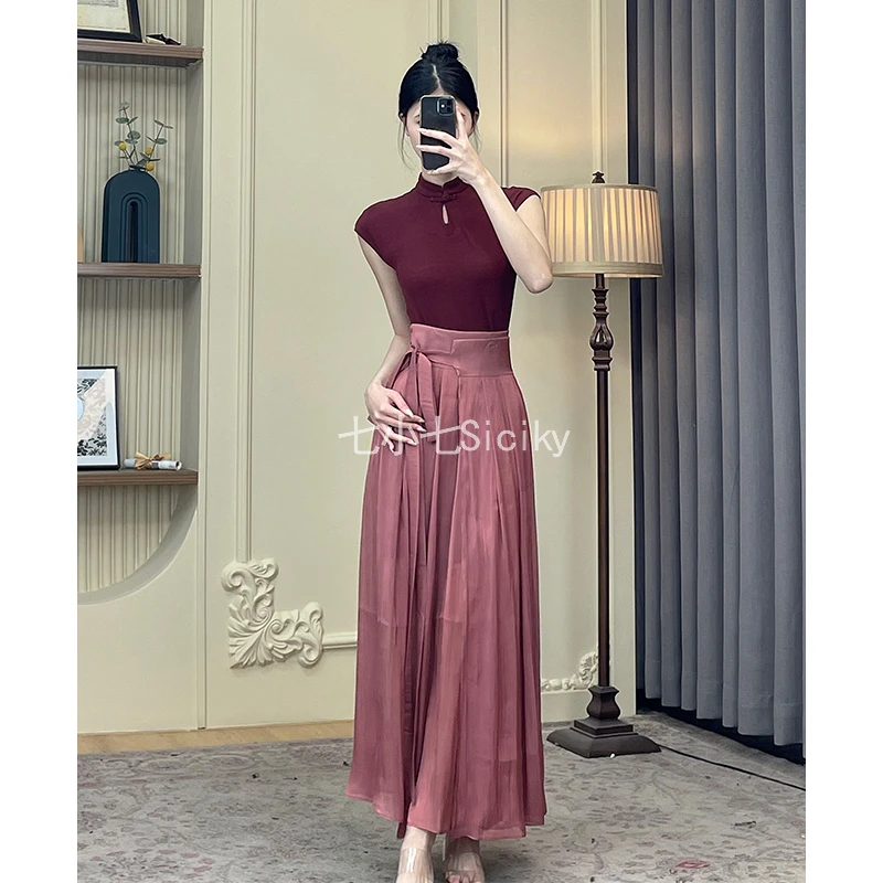 【现货】七小七【暮翠朝红】复古修身上衣女夏季小众设计感半裙两件套