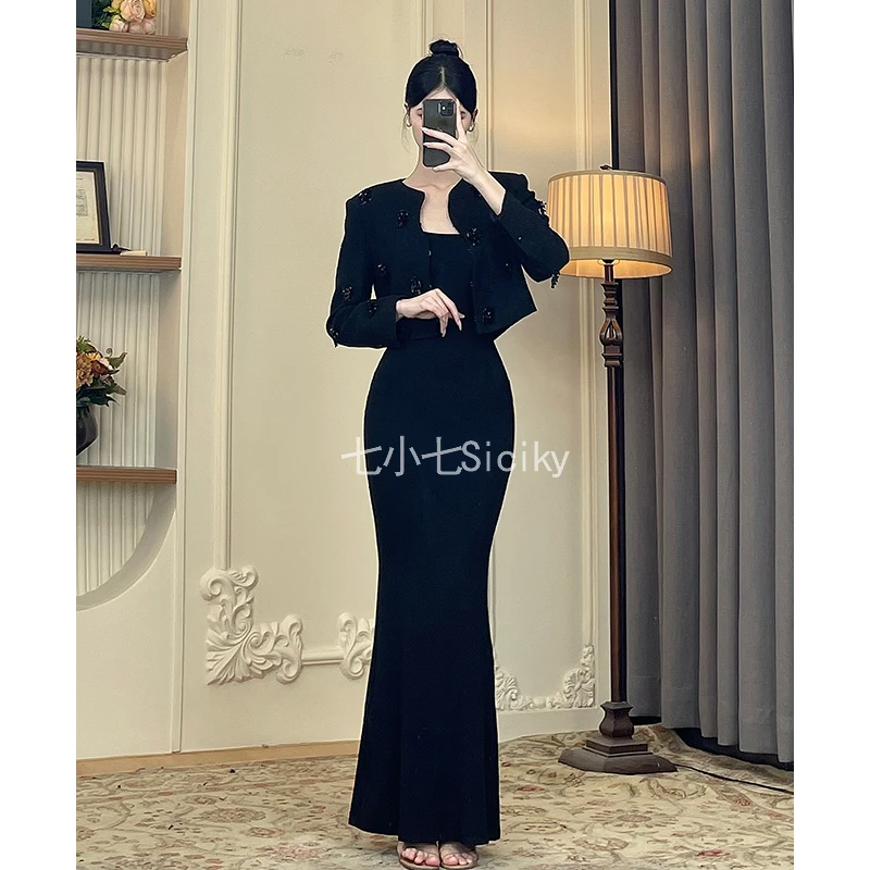 现货七小七【纸遇密码】法式赫本风黑色外套秋小众气质吊带裙两件套