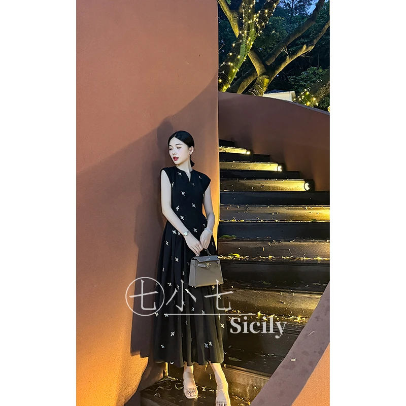 七小七Sicily【高干千金】法式黑色连衣裙夏季小众设计感气质长裙