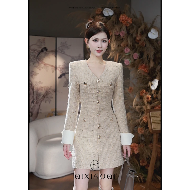 七小七Sicily【甜心珍妮】法式v领连衣裙秋季小众设计撞色开衫裙子