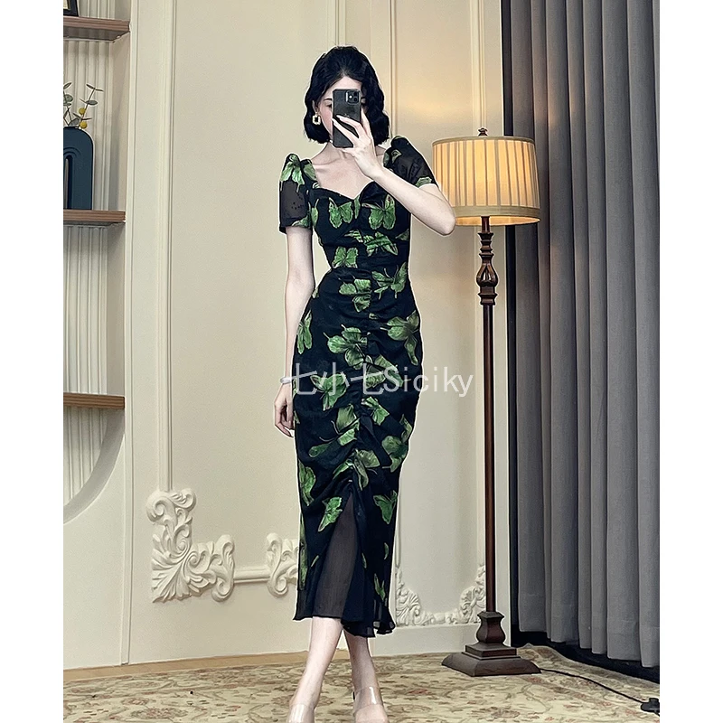 七小七Sicily【蝶恋镜花】法式赫本风碎花连衣裙女夏显瘦褶皱包臀裙