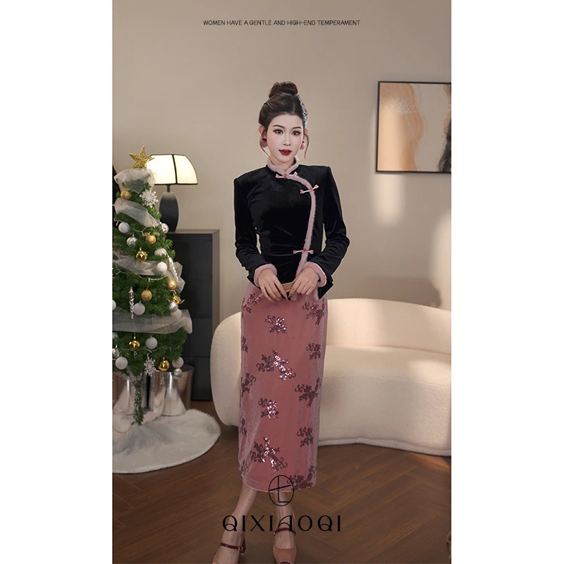 七小七Sicily【瑶笙花】新中式改良国风气质连衣裙冬季加厚丝绒长裙