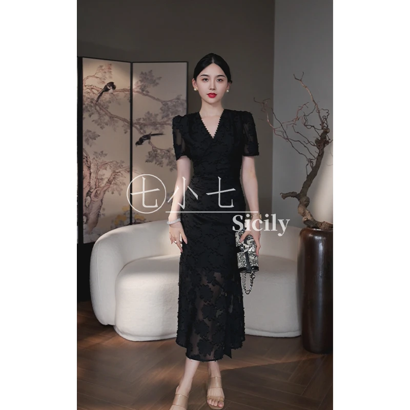 七小七Sicily【望春风】法式赫本风黑色v领连衣裙夏季显瘦气质长裙